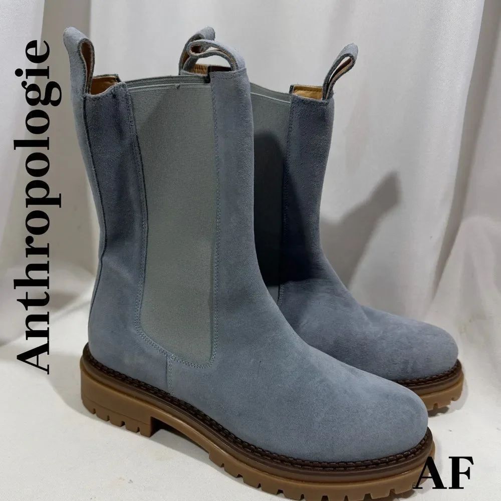 Anthropologie Maeve ChelseaโMid Calf Boots in Blue Suede Size 41 New